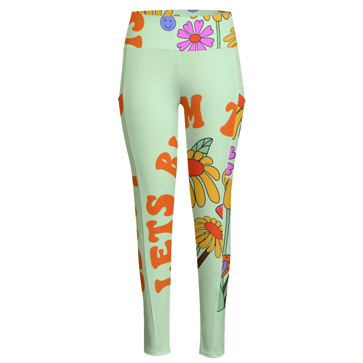 All-Over Print Women's High Waist Leggings With Side Pocket4 green with flowers, print