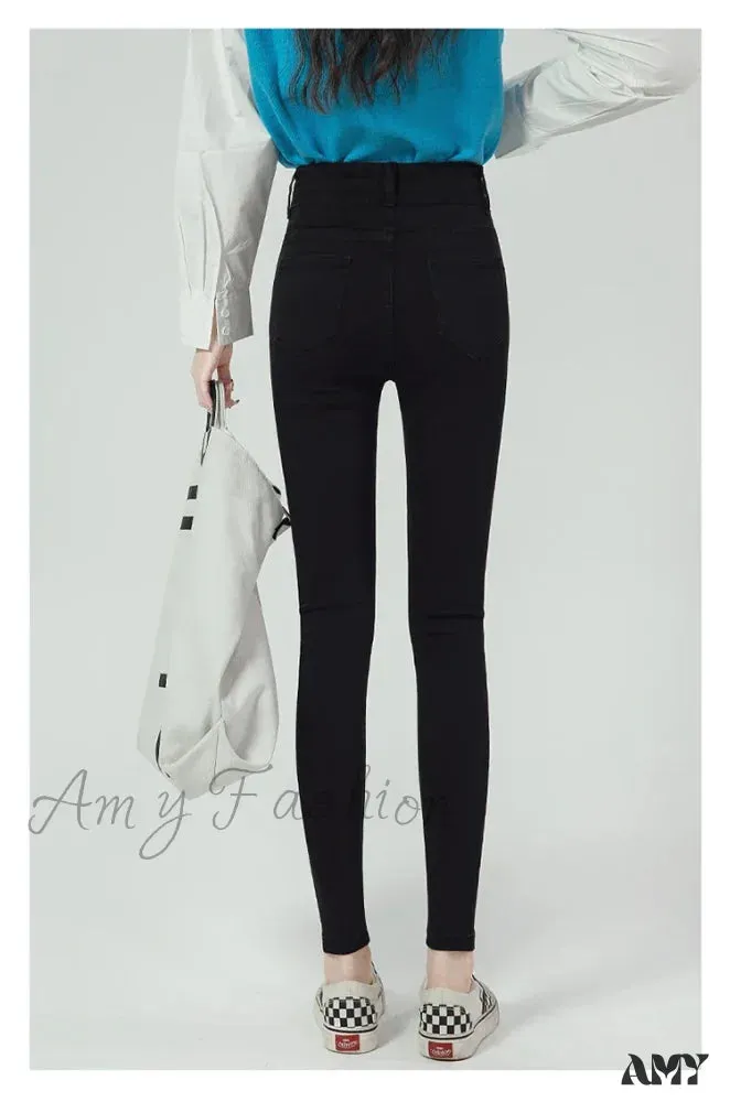 Amy Fashion - 2024 Winter Warm Stretch Women High Waist Skinny Retro Thick Pencil Pants Slim Stretch Denim Trousers Jean