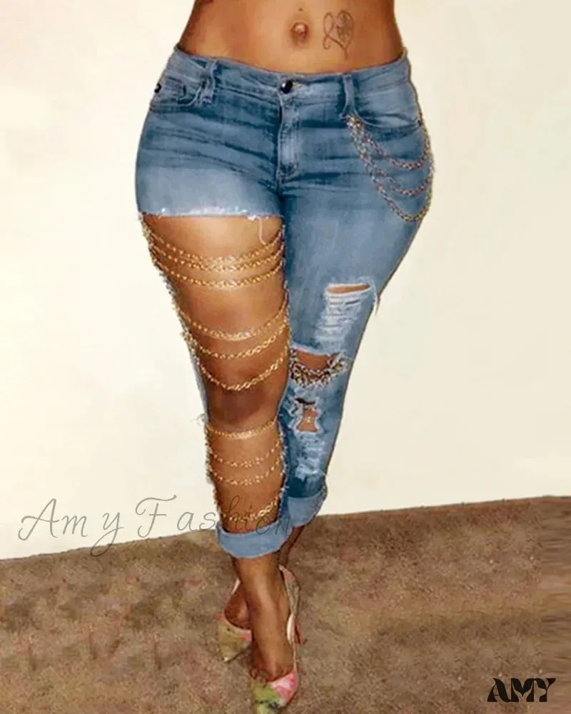 Amy Fashion - Fashion Streetwear High Waist Women With Chain Vintage Ripped Holes Skinny Pencil Bodycon Denim Jean