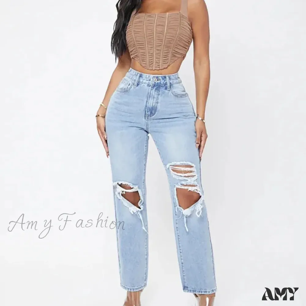 Amy Fashion - Ripped Women's Casual Fashion High Waist Straight Leg Loose Denim Ladies Streetwear Jean