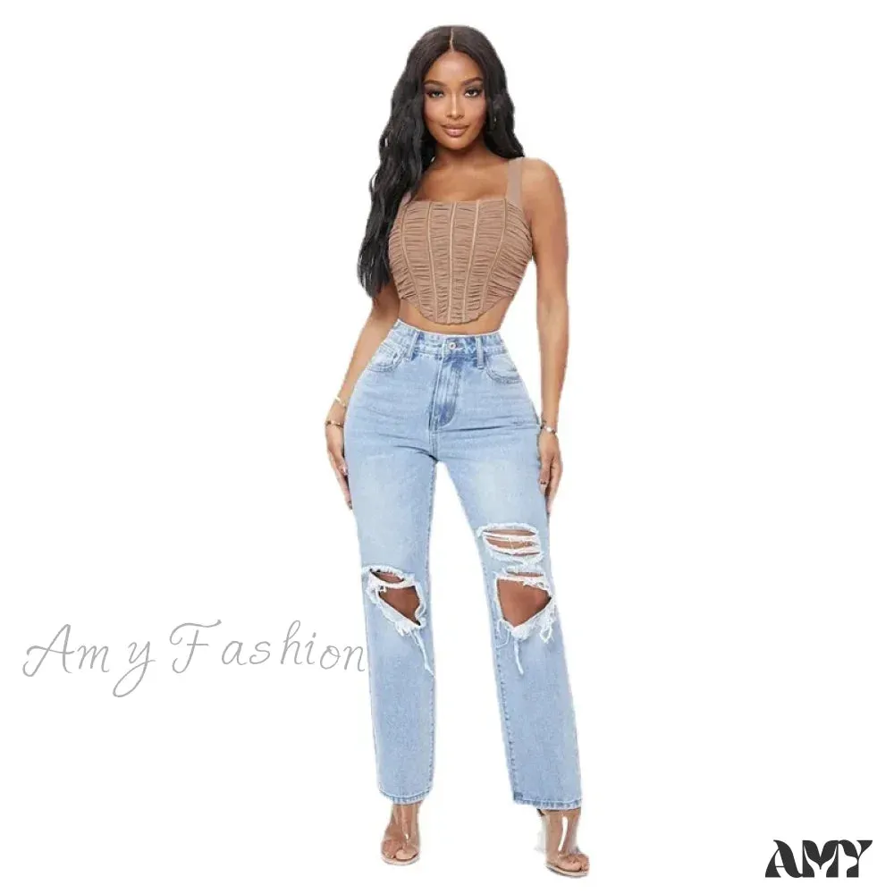 Amy Fashion - Ripped Women's Casual Fashion High Waist Straight Leg Loose Denim Ladies Streetwear Jean