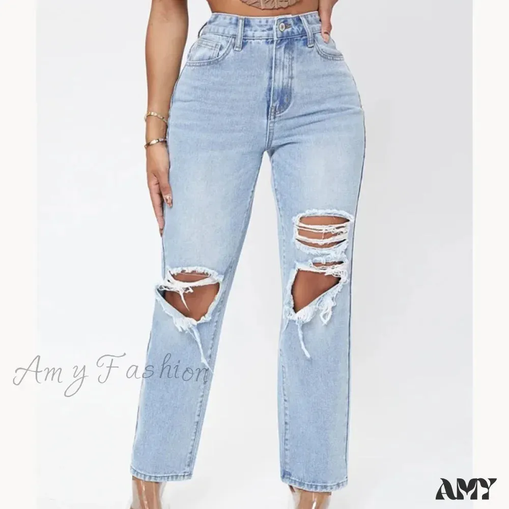 Amy Fashion - Ripped Women's Casual Fashion High Waist Straight Leg Loose Denim Ladies Streetwear Jean