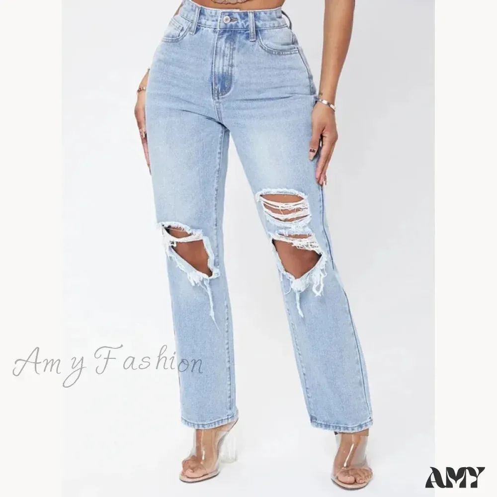 Amy Fashion - Ripped Women's Casual Fashion High Waist Straight Leg Loose Denim Ladies Streetwear Jean