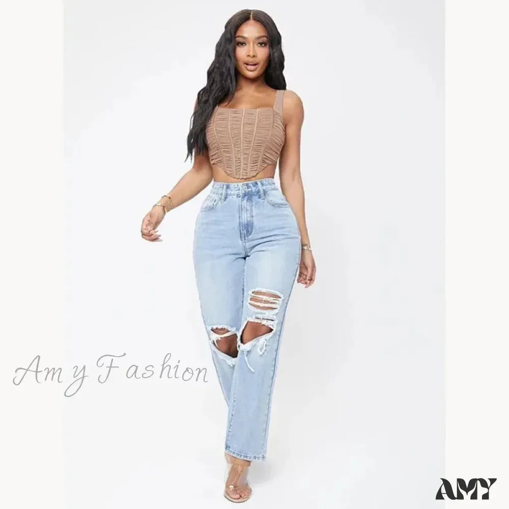 Amy Fashion - Ripped Women's Casual Fashion High Waist Straight Leg Loose Denim Ladies Streetwear Jean