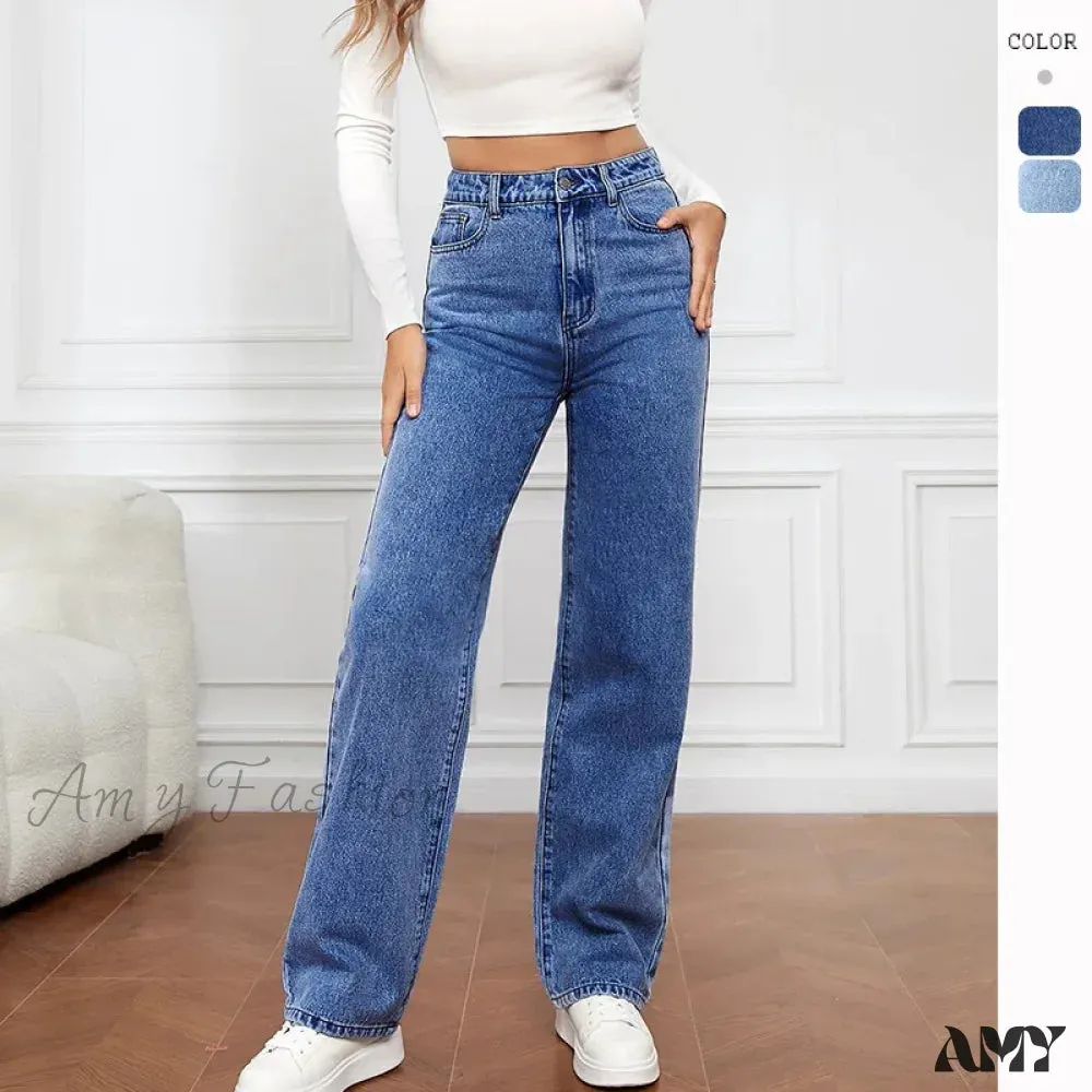 Amy Fashion - Stretch Straight-Leg Denim Trousers Women Loose Straight Washed Denim Pants Fashion Pants 2024 Fall Winter new Jean