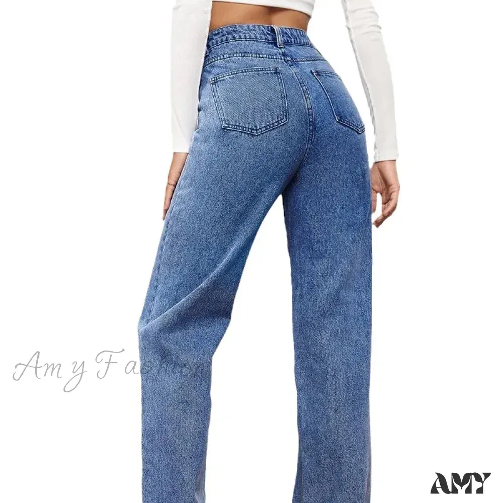 Amy Fashion - Stretch Straight-Leg Denim Trousers Women Loose Straight Washed Denim Pants Fashion Pants 2024 Fall Winter new Jean