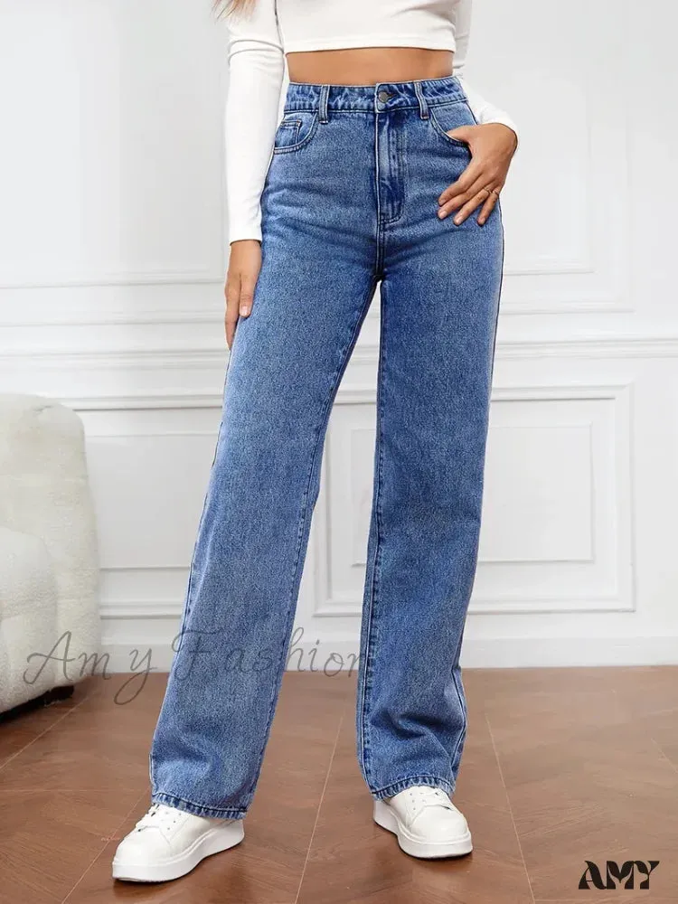 Amy Fashion - Stretch Straight-Leg Denim Trousers Women Loose Straight Washed Denim Pants Fashion Pants 2024 Fall Winter new Jean