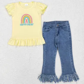 Baby Girls Clothes Easter Rainbow Shirts Denim Tassel Pants Sets GSPO1136