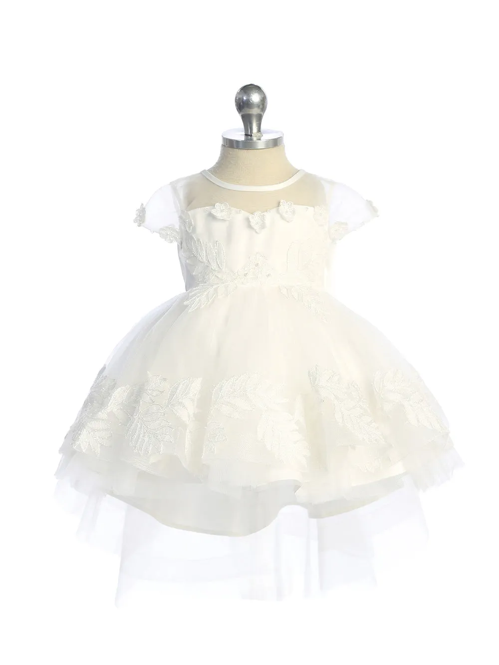 Baby Girls Floral Appliques Embroidered Leaves Layered Tulle Skirt Flower Girl Dress 6-24M