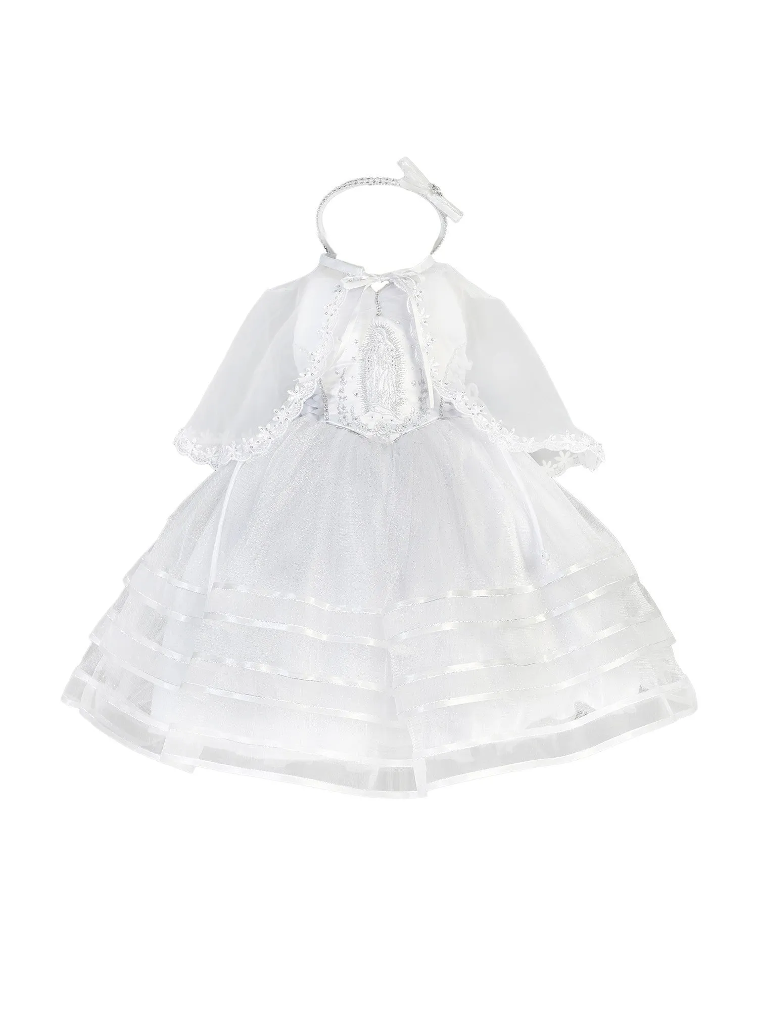 Baby Girls White Gathered Organza Virgin Mary Glitter Tulle Baptism Dress 6-9M