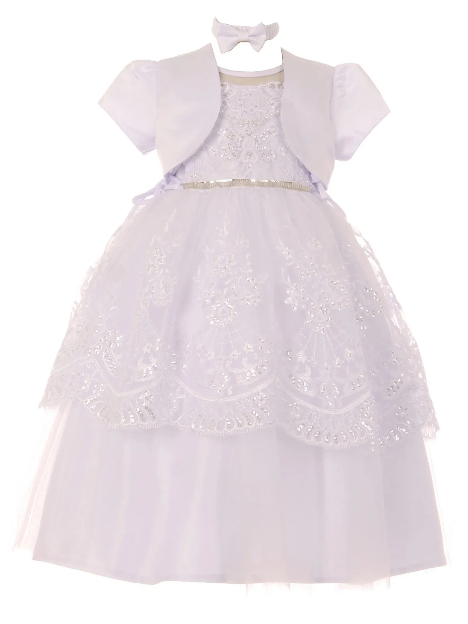 Baby Girls White Pearl Sequin Beaded Christening Bolero Dress 0-12M