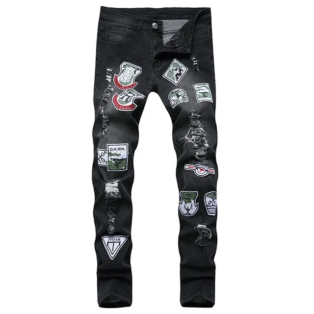 Badges Patchwork Style Ripped Straight Jeans