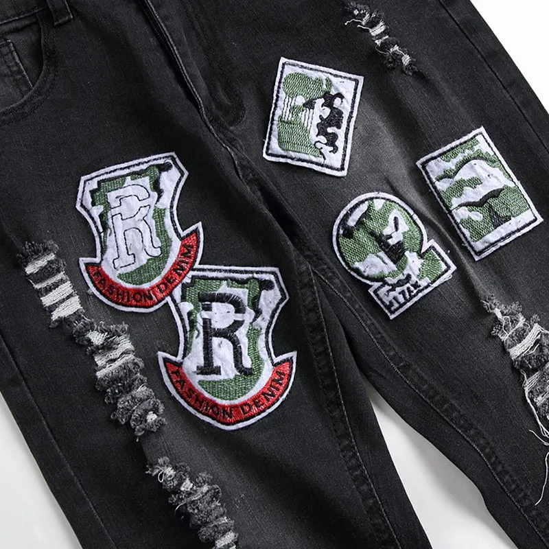 Badges Patchwork Style Ripped Straight Jeans