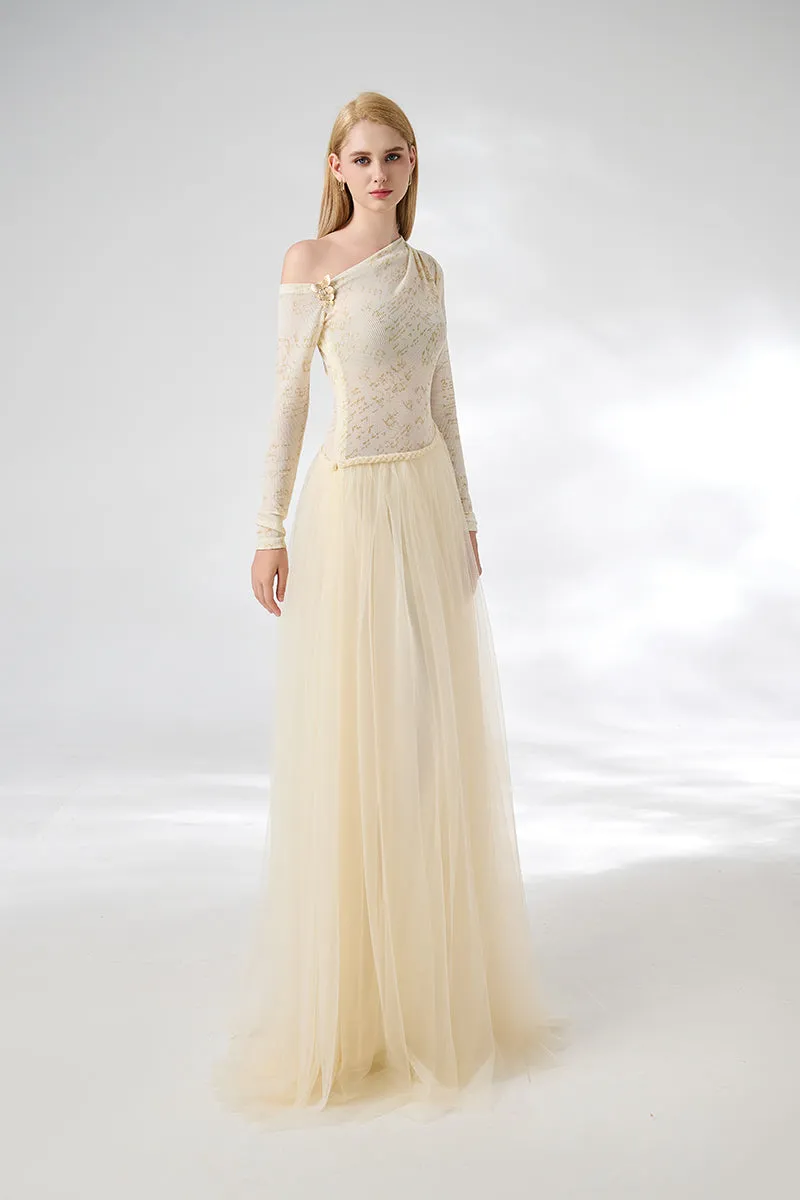 BEIGE SOFTEN FIT AND FLARE LAYERED FLOOR LENGTH GOWN