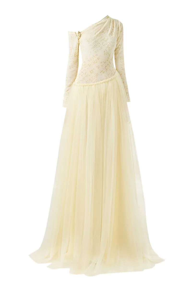 BEIGE SOFTEN FIT AND FLARE LAYERED FLOOR LENGTH GOWN