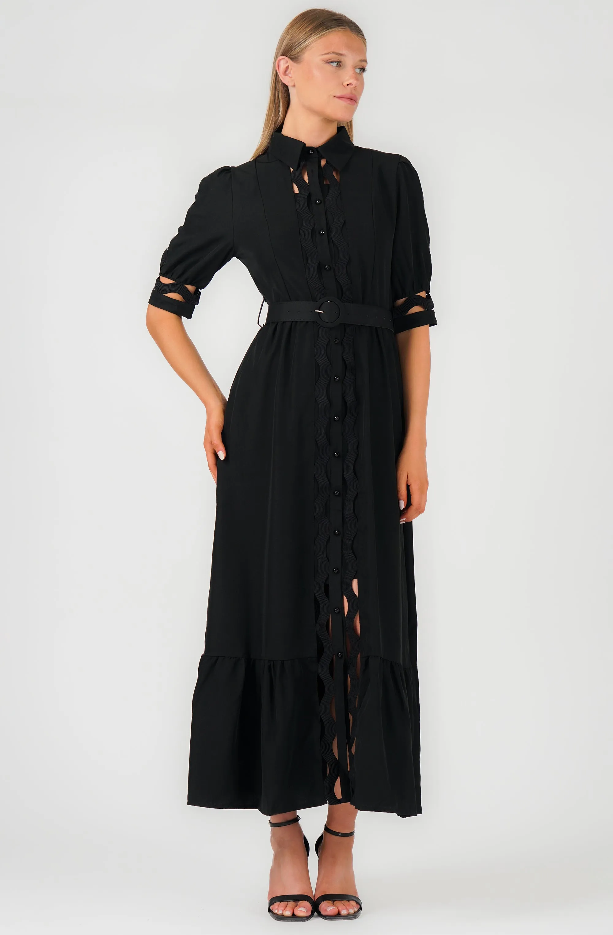 Belted Buttoned Maxi Shirt Dress with Cut-out Details