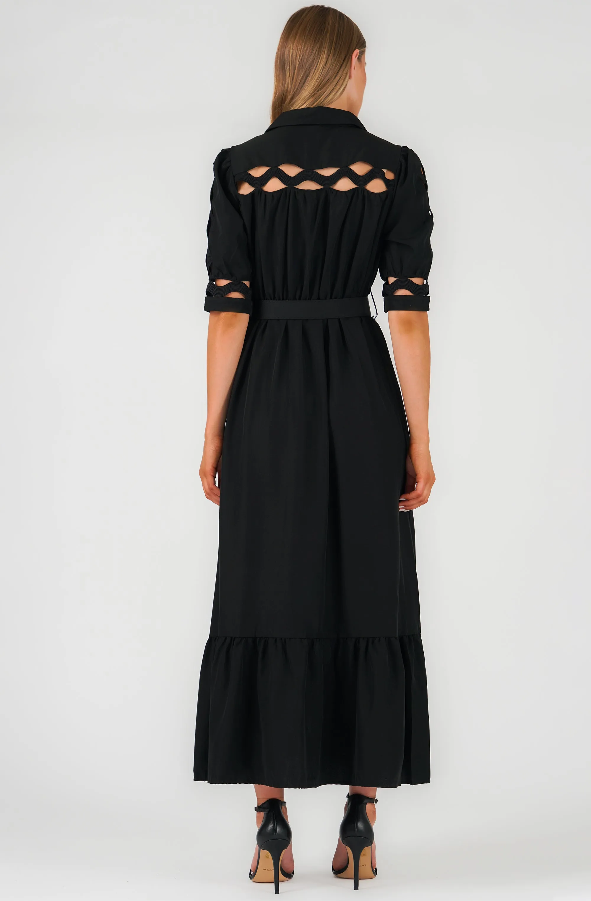 Belted Buttoned Maxi Shirt Dress with Cut-out Details