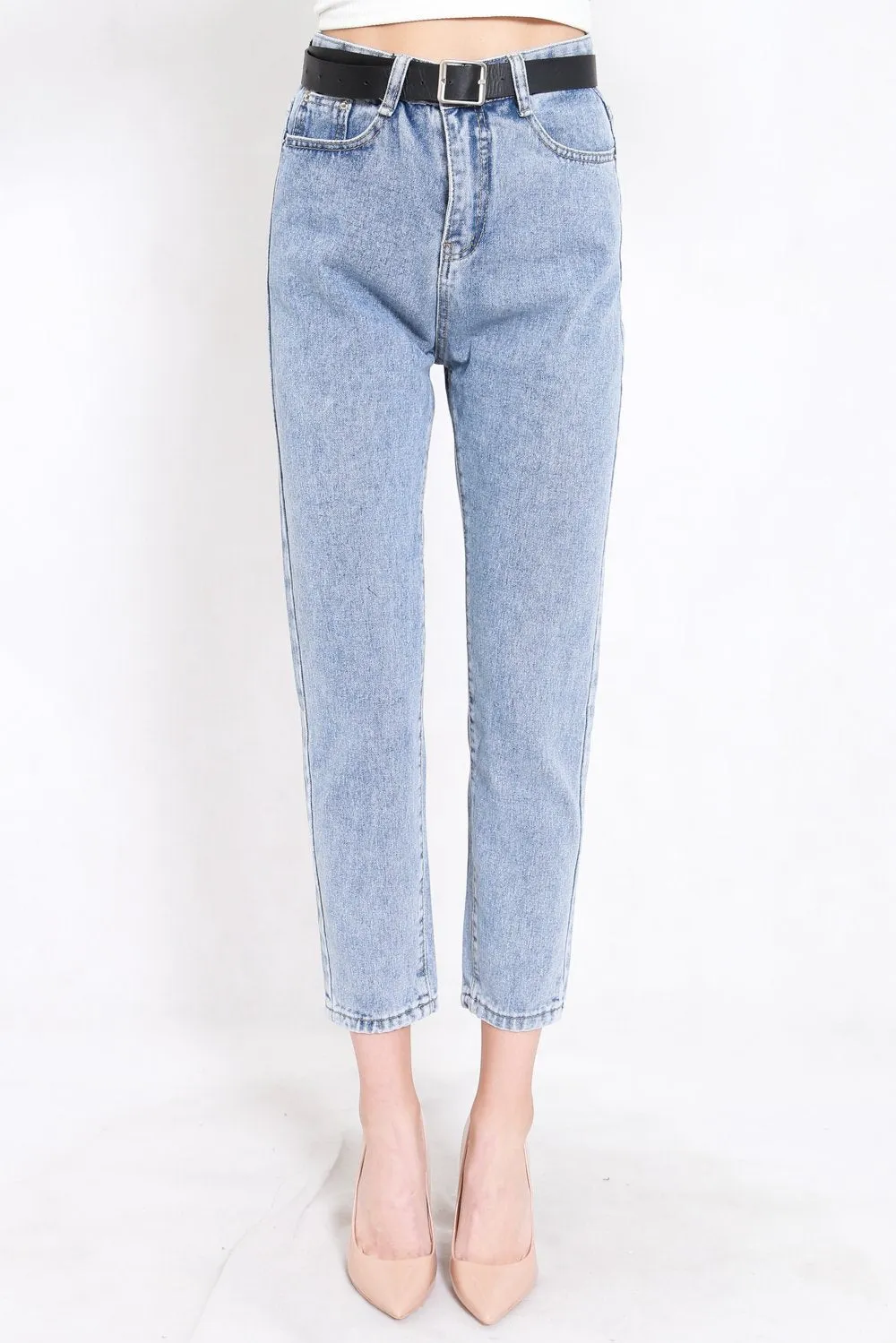 Belted Denim Jeans (Faded Blue)