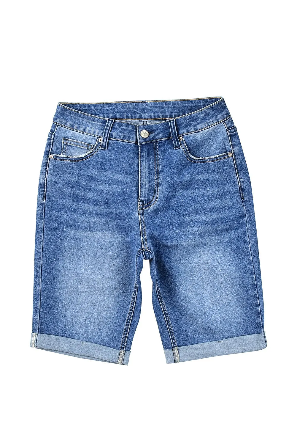 Bermuda Blue Acid Wash Denim Shorts with Roll-up Hem