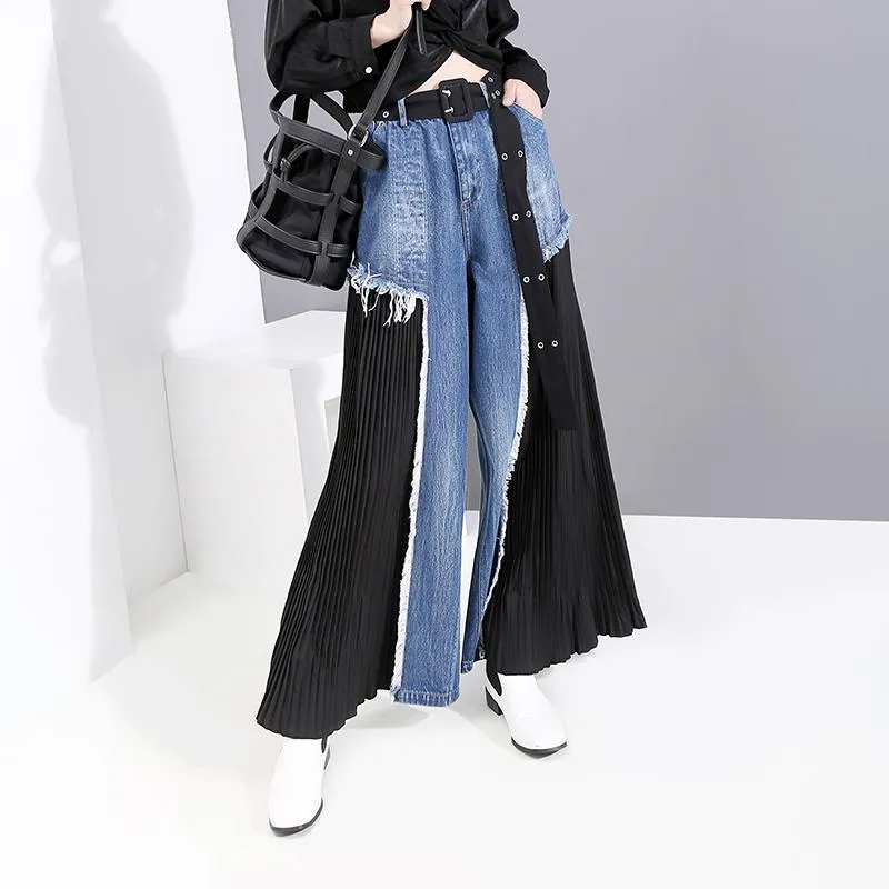 Black Chiffon Pleated Stitching Denim Wide Leg Jeans