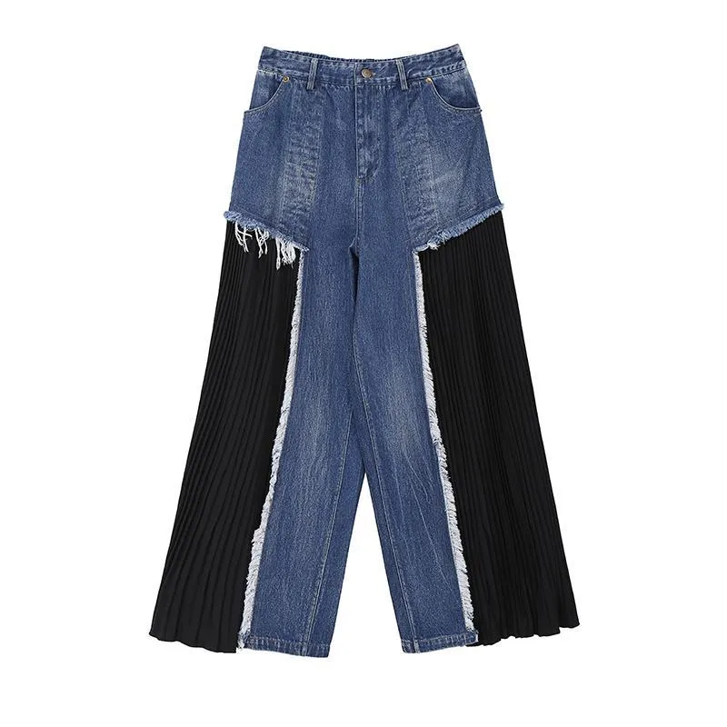 Black Chiffon Pleated Stitching Denim Wide Leg Jeans