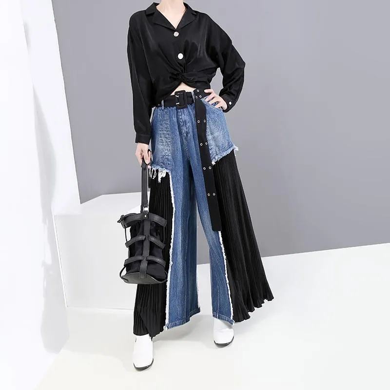 Black Chiffon Pleated Stitching Denim Wide Leg Jeans