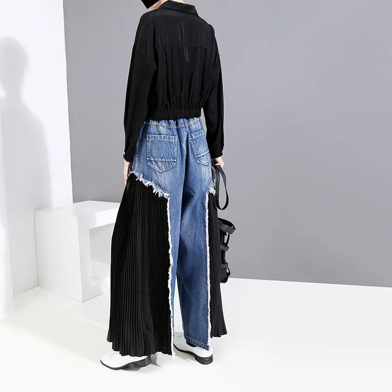 Black Chiffon Pleated Stitching Denim Wide Leg Jeans