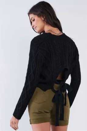 Black Long Sleeve V-Neck Knit Self-Tie Open Back Cropped Sweater /2-2-2