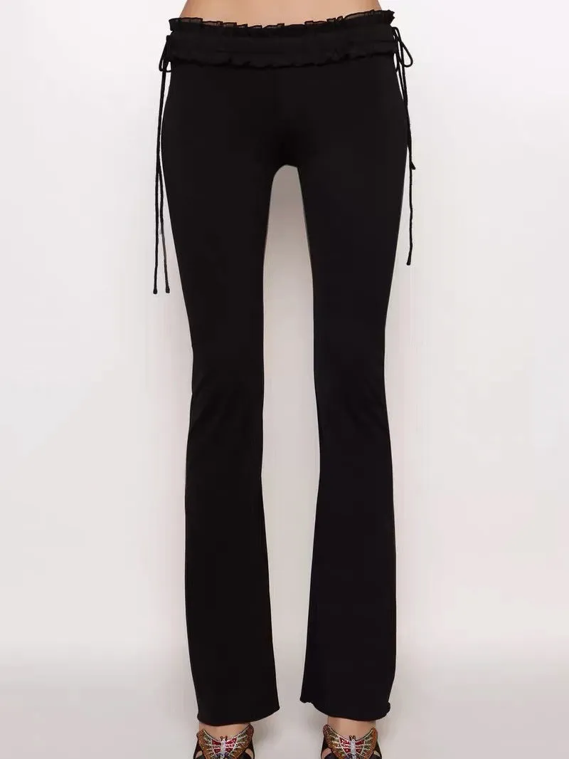 Black low waist slim-fit lace drawstring pants