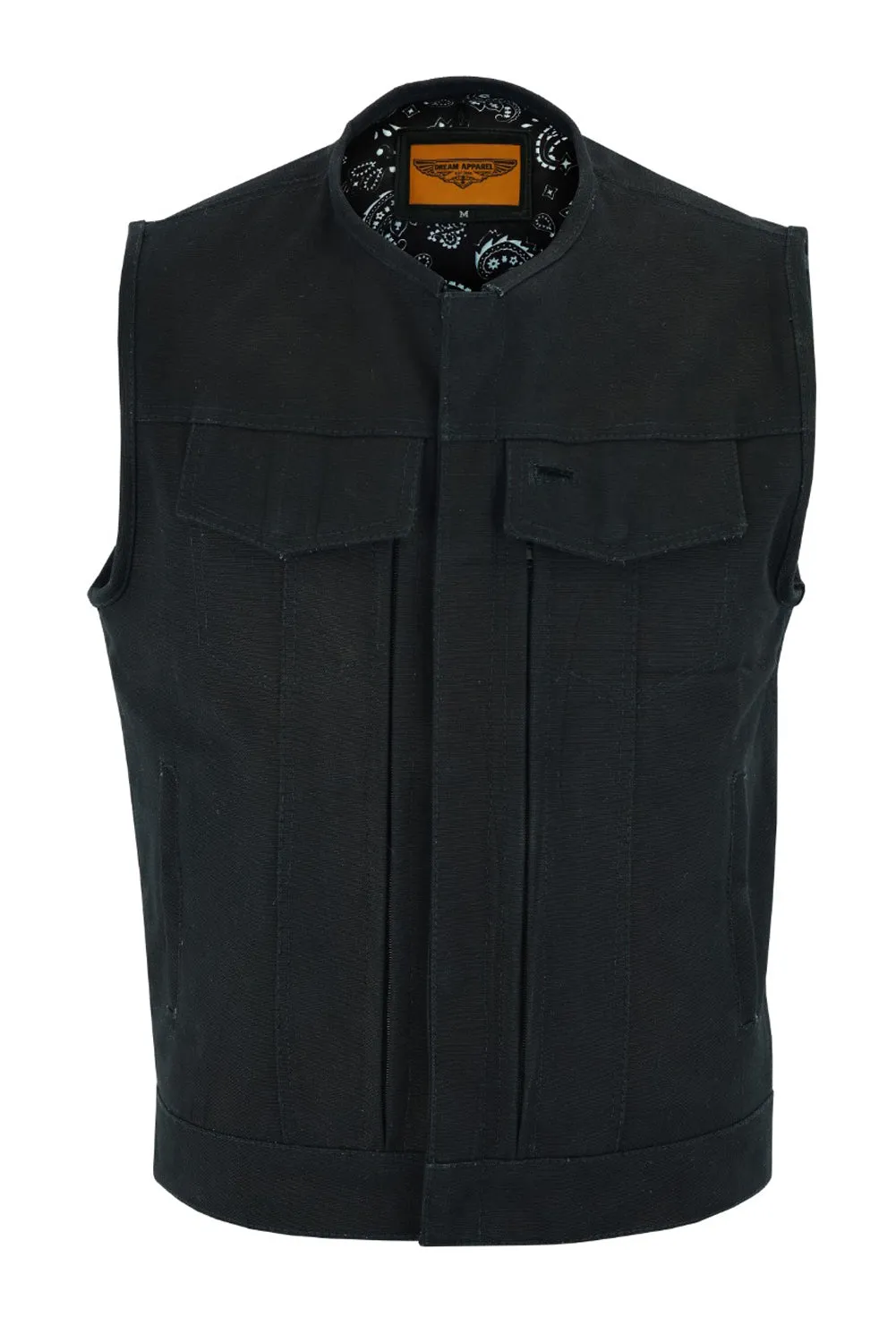 Black Motorcycle Canvas Club Vest with Front Zipper Paisley Lining Conseal Pockets