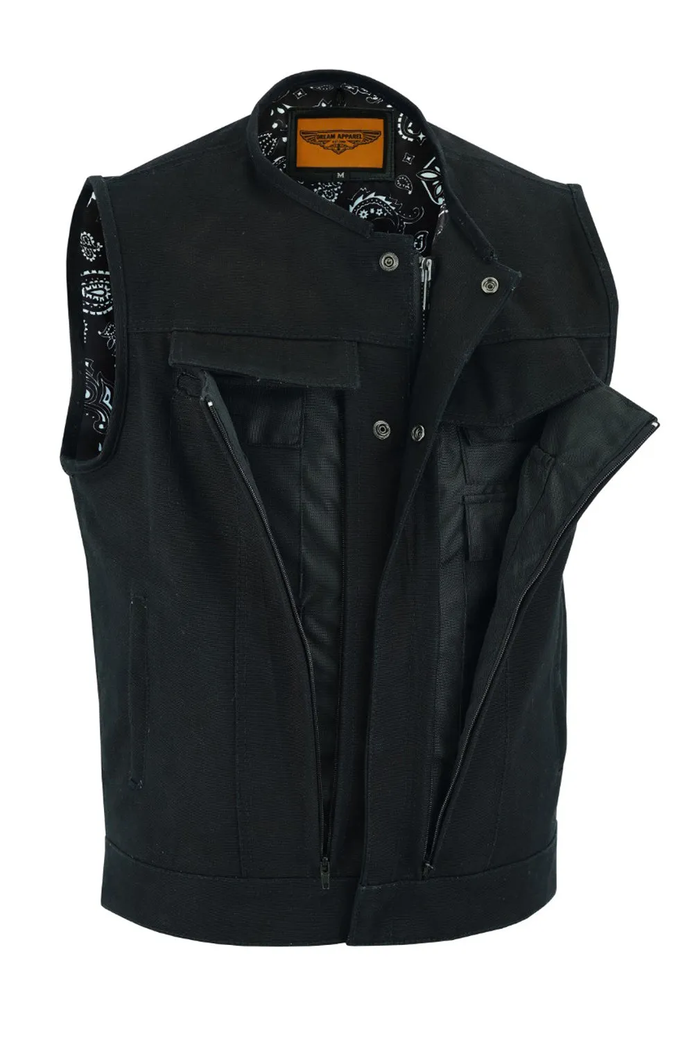 Black Motorcycle Canvas Club Vest with Front Zipper Paisley Lining Conseal Pockets