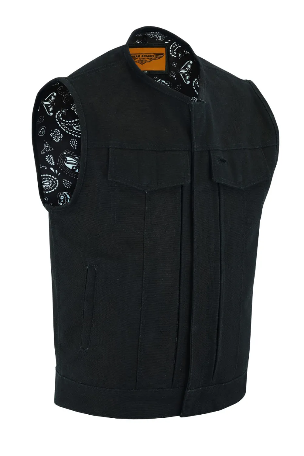 Black Motorcycle Canvas Club Vest with Front Zipper Paisley Lining Conseal Pockets