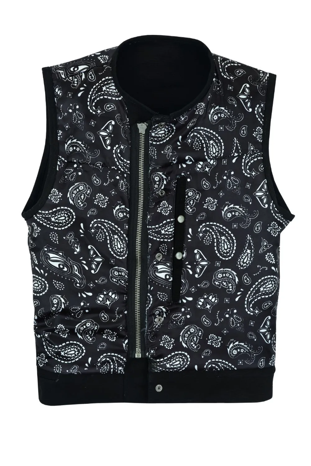 Black Motorcycle Canvas Club Vest with Front Zipper Paisley Lining Conseal Pockets