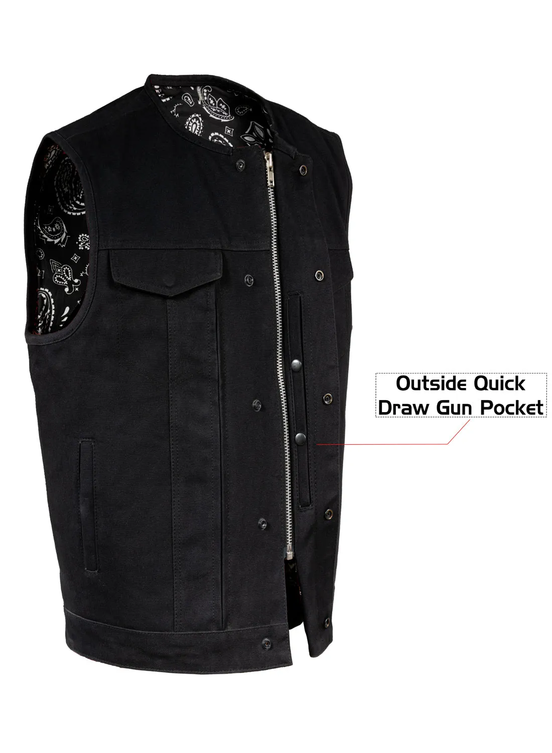 Black Motorcycle Canvas Club Vest with Front Zipper Paisley Lining Conseal Pockets