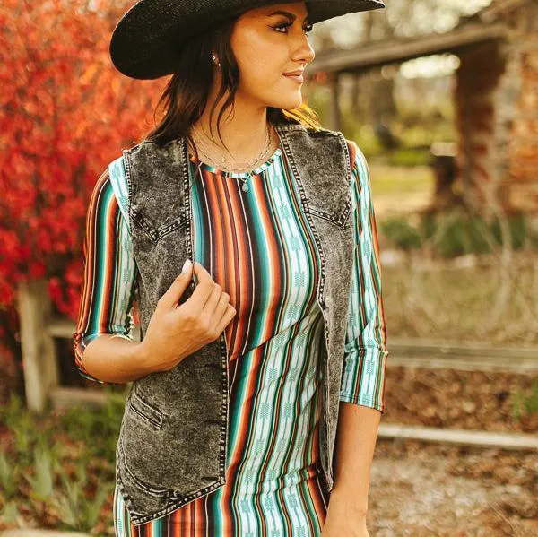 Black Wash Denim Button Down Western Yoke Vest Bourbon Cowgirl