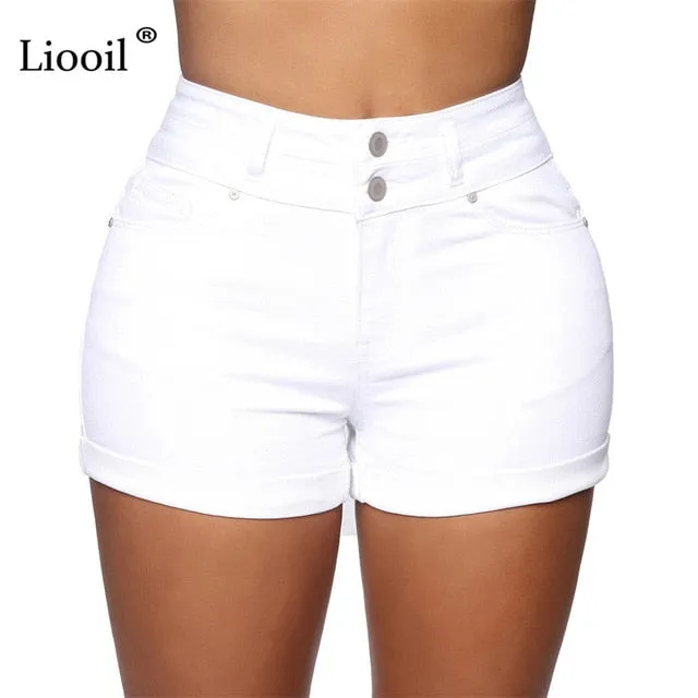 Black White Skinny Curly Jean Shorts High Waist Summer With Pockets Button Up Bodycon Denim Shorts