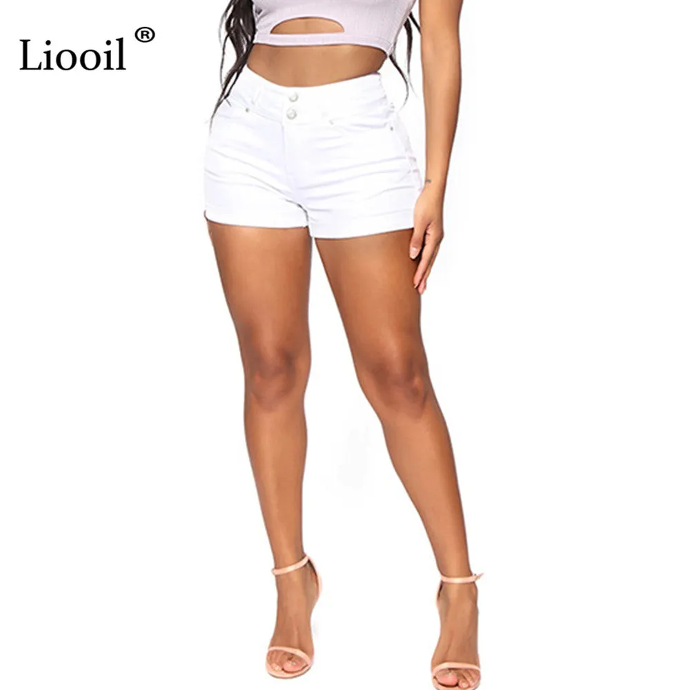 Black White Skinny Curly Jean Shorts High Waist Summer With Pockets Button Up Bodycon Denim Shorts