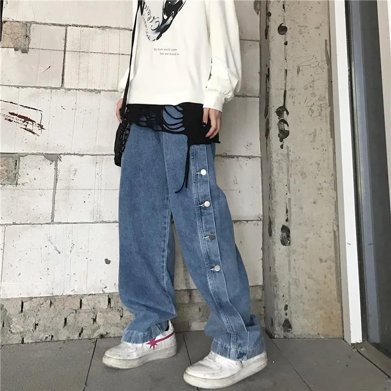 Blue Denim Internet Girl Snap Straight Jeans