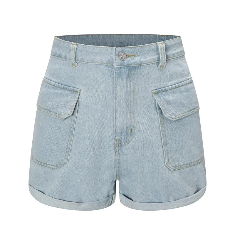 Blue Light Wash Denim High Waist Jeans Summer Pocket Front Vacation Casual Shorts