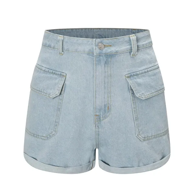 Blue Light Wash Denim High Waist Jeans Summer Pocket Front Vacation Casual Shorts