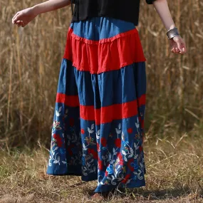 Bohemian Blue Floral Long A-line Skirt in Cotton/Linen