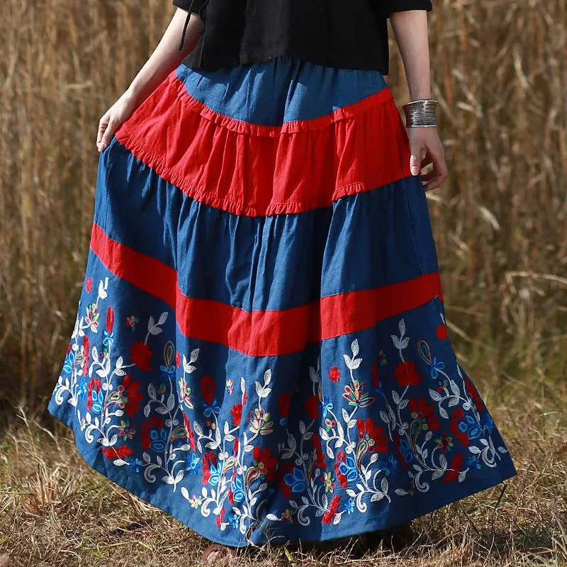 Bohemian Blue Floral Long A-line Skirt in Cotton/Linen