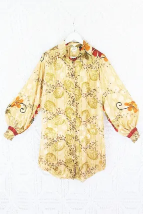 Bonnie Shirt Dress - Vintage Indian Sari - Gold Autumnal Floral (M/L)