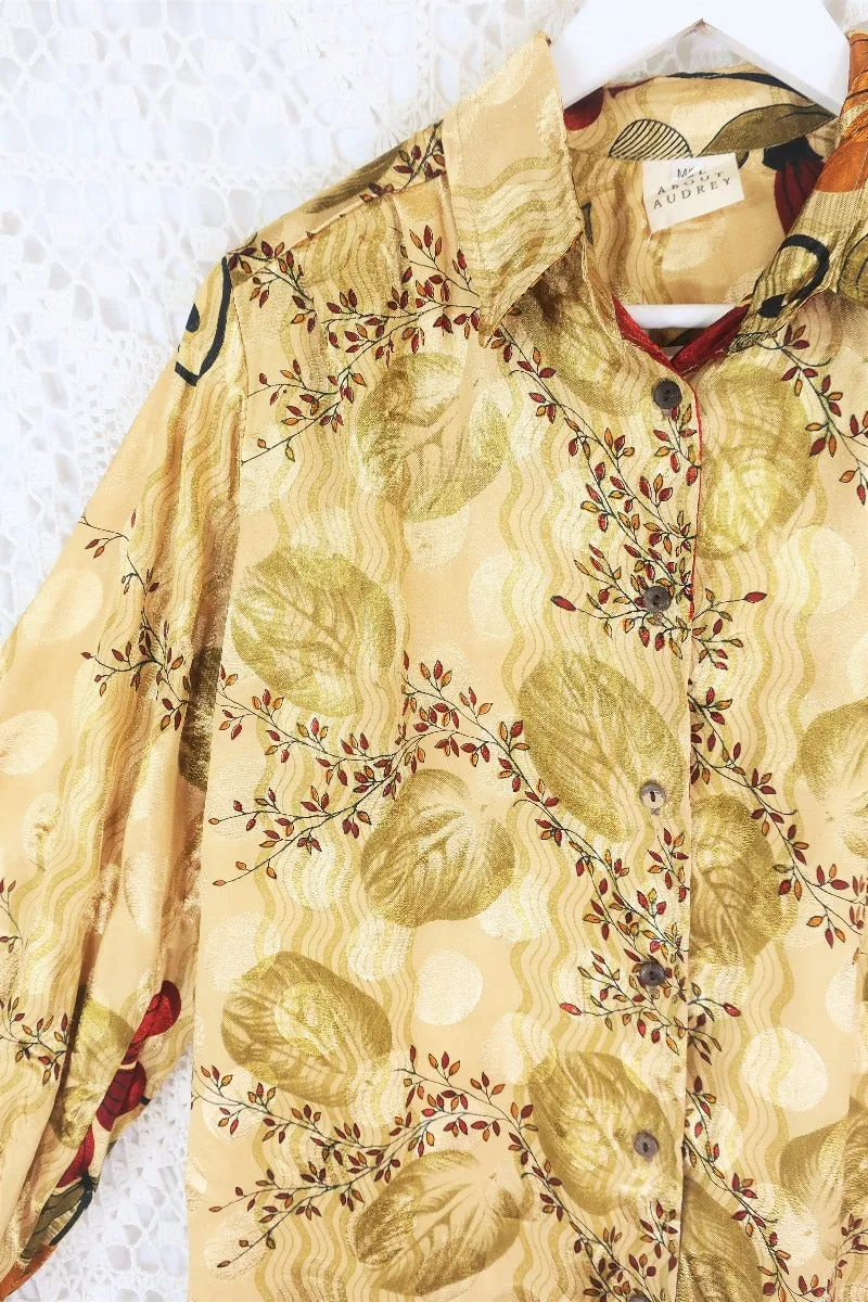 Bonnie Shirt Dress - Vintage Indian Sari - Gold Autumnal Floral (M/L)