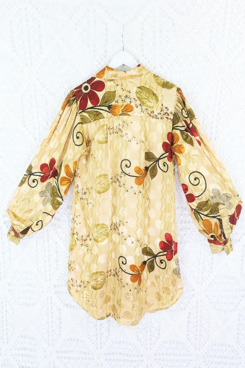 Bonnie Shirt Dress - Vintage Indian Sari - Gold Autumnal Floral (M/L)