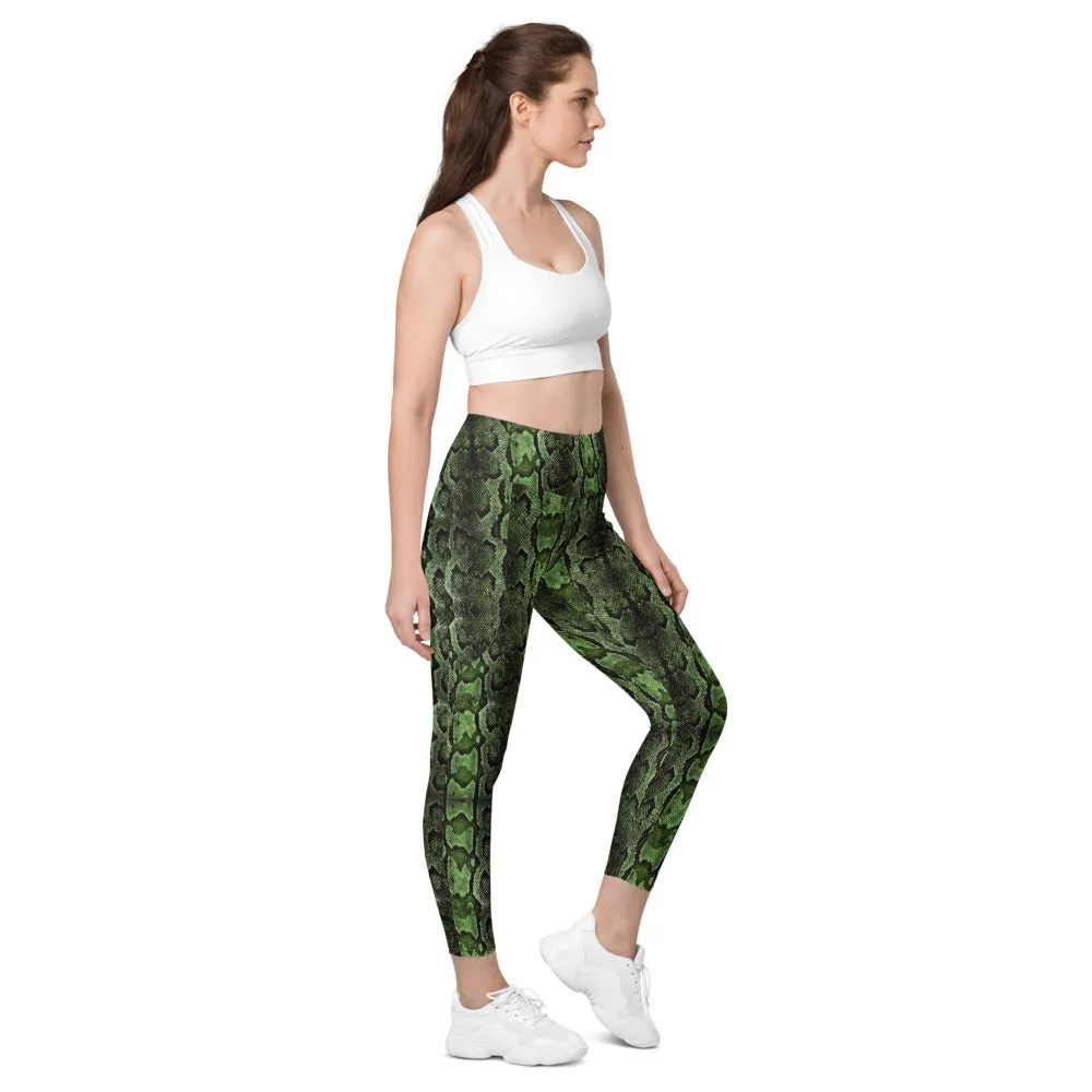 Bright Green Snake Print Tights, Women's 7/8 Leggings With 2 Side Pockets - Made in USA/EU/MX