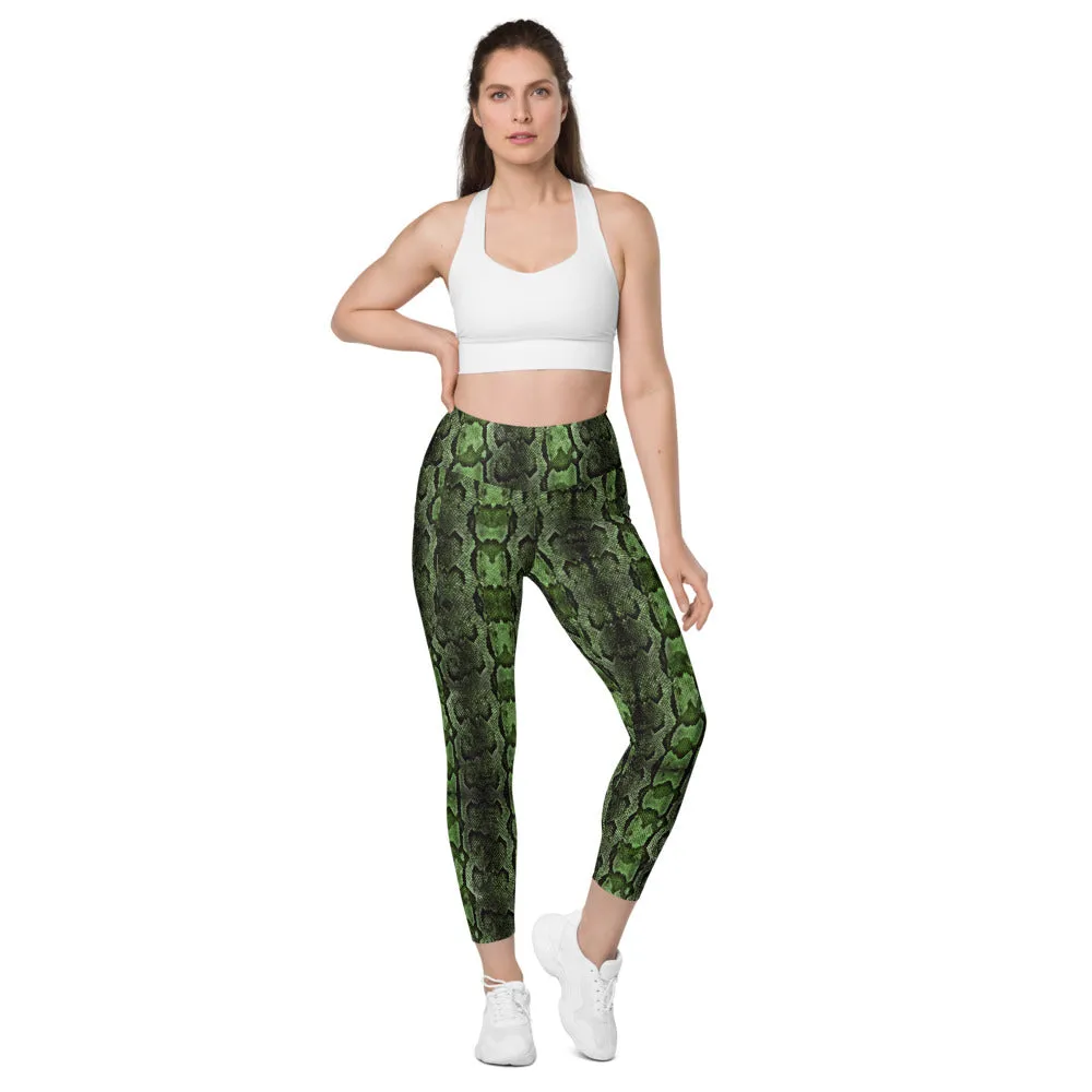 Bright Green Snake Print Tights, Women's 7/8 Leggings With 2 Side Pockets - Made in USA/EU/MX