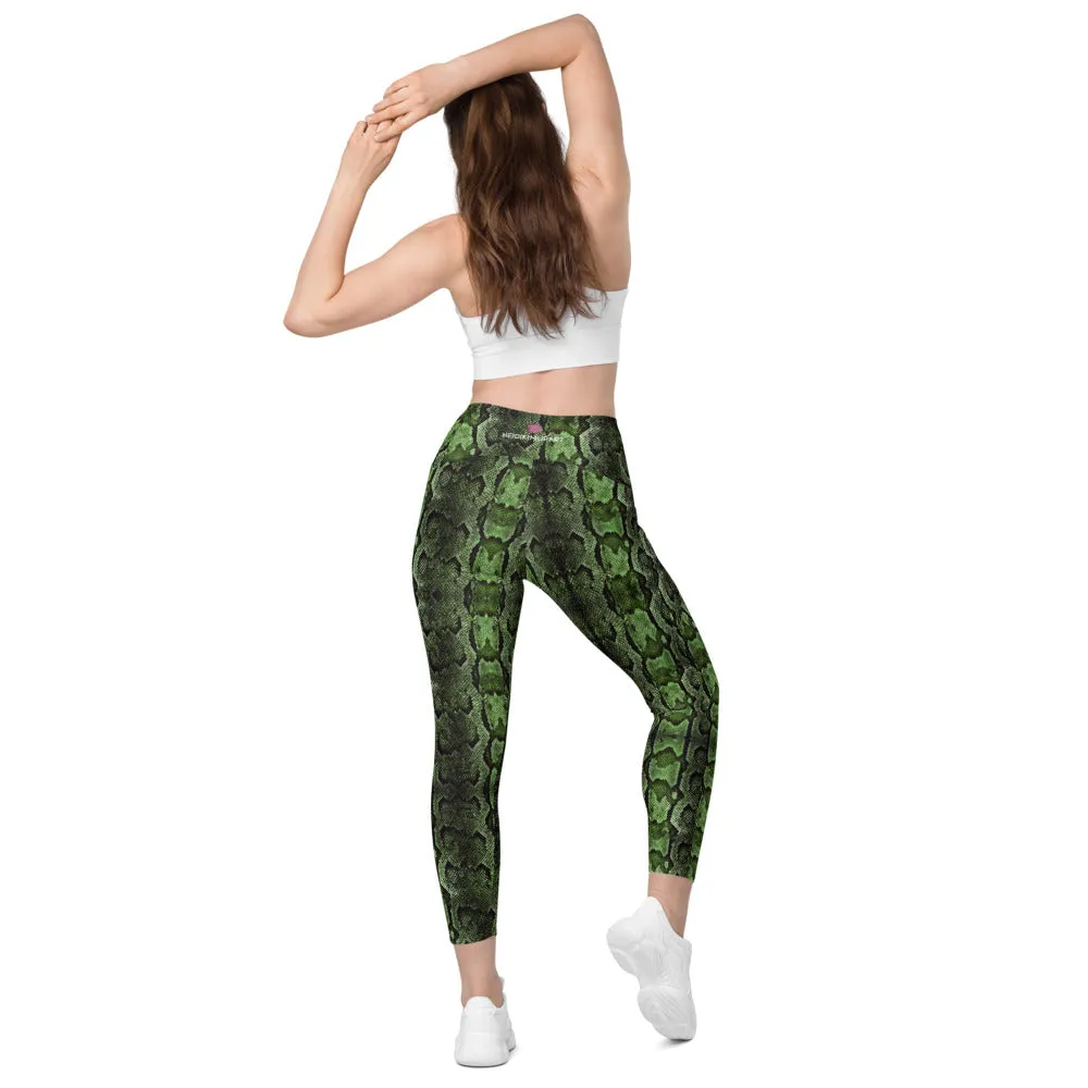 Bright Green Snake Print Tights, Women's 7/8 Leggings With 2 Side Pockets - Made in USA/EU/MX