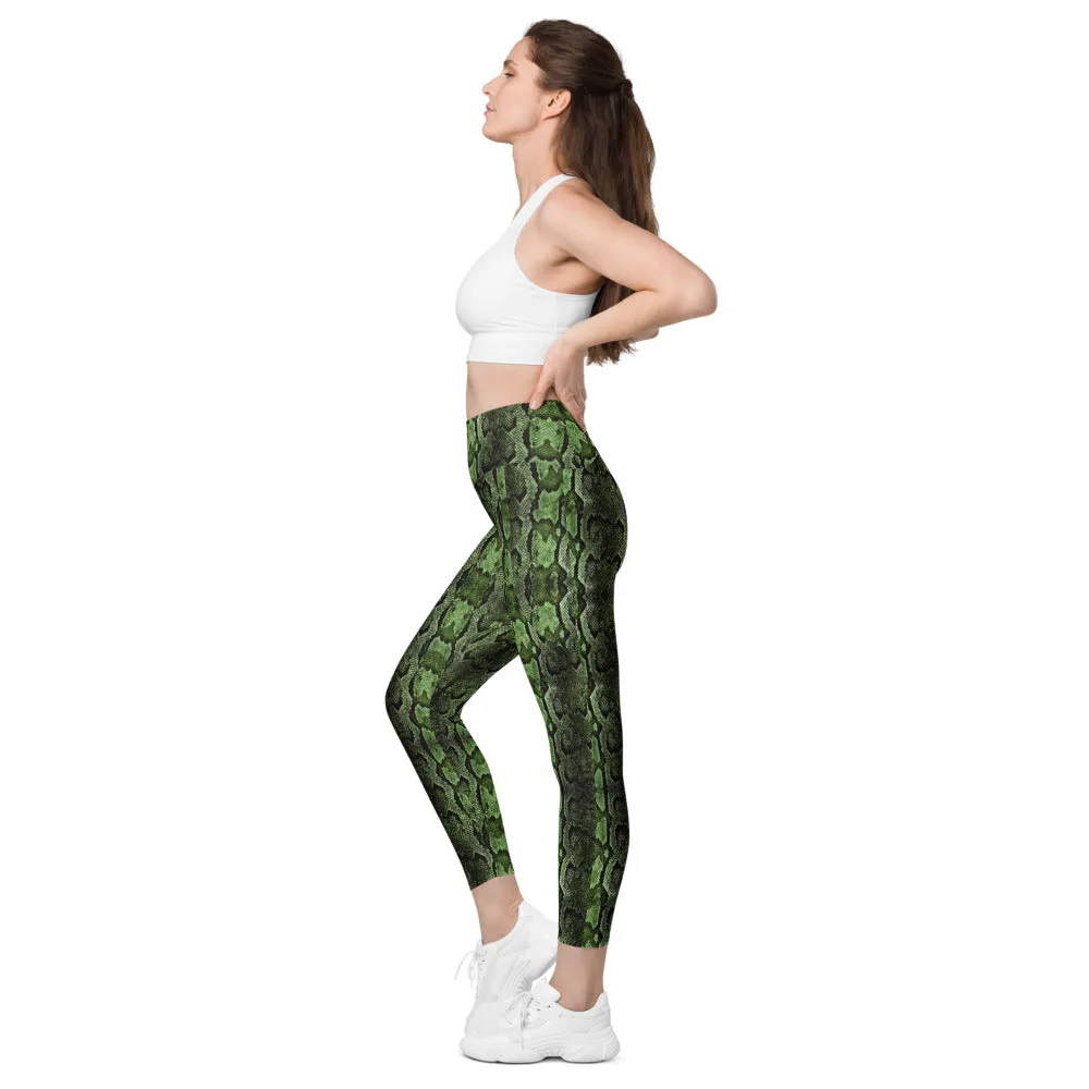 Bright Green Snake Print Tights, Women's 7/8 Leggings With 2 Side Pockets - Made in USA/EU/MX