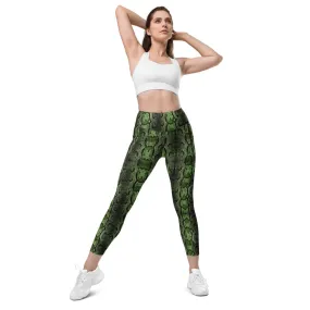 Bright Green Snake Print Tights, Women's 7/8 Leggings With 2 Side Pockets - Made in USA/EU/MX